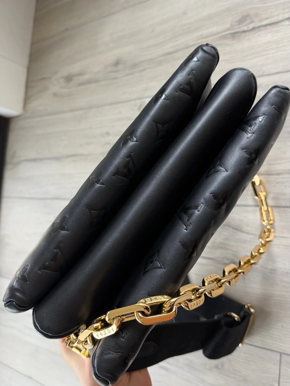 Louis Vuitton Black Monogram Embossed Crossbody with Gold Chain Strap